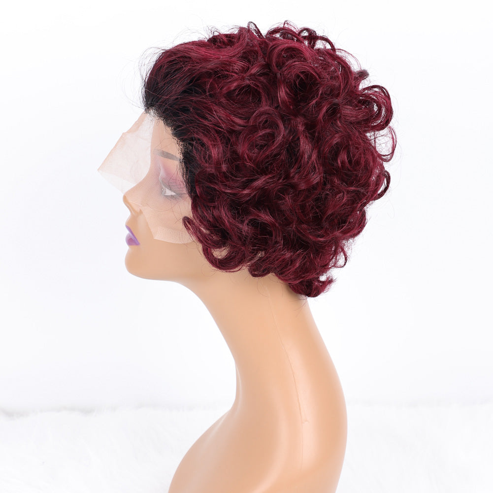 SendeHair Cheap  Big  Pixie Curly Super Double  Draw  100% Human Raw Hair A Riot Of Colours With 13×1 Lace Short  Wig