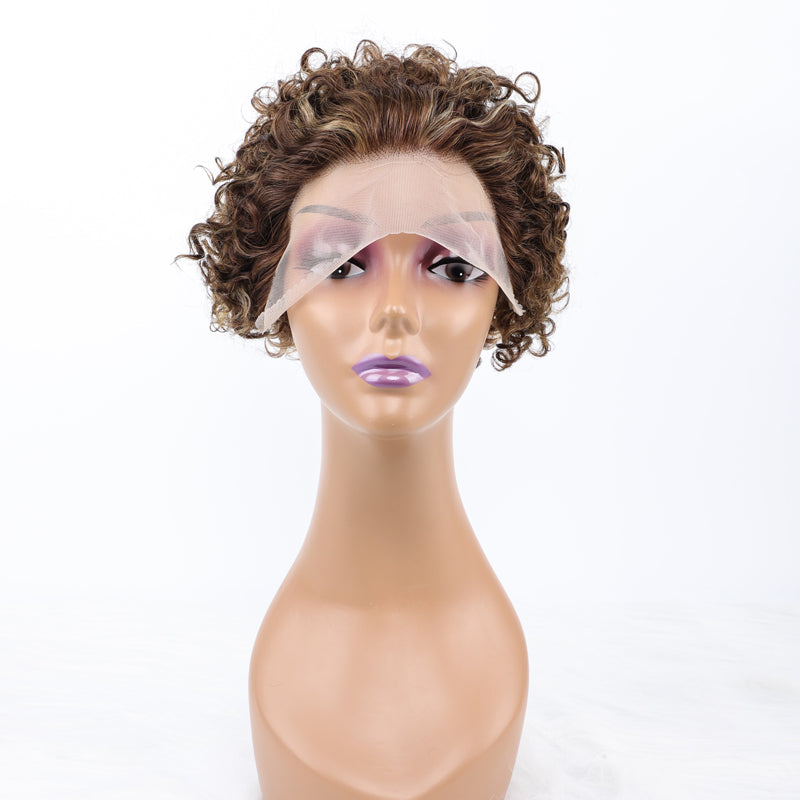 SendeHair Cheap  Pixie Curly Super Double  Draw  100% Human Raw Hair A Riot Of Colours With 13×1 Lace Short  Wig