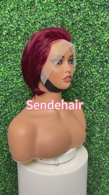 SendeHair Unprocessed Natural Colour 99j  100% Human Raw Hair With 13×4 Front Lace Wig Short Wig