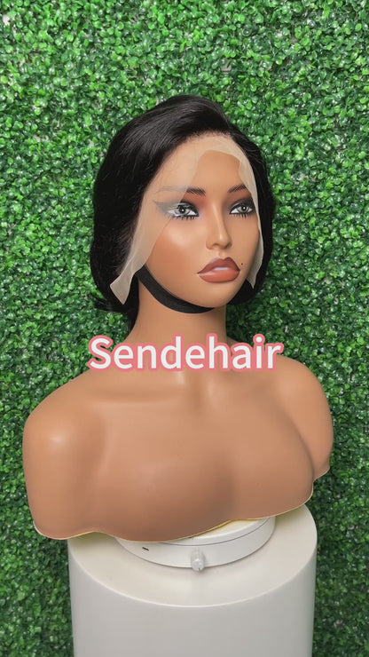 SendeHair Unprocessed Natural Colour 99j  100% Human Raw Hair With 13×4 Front Lace Wig Short Wig